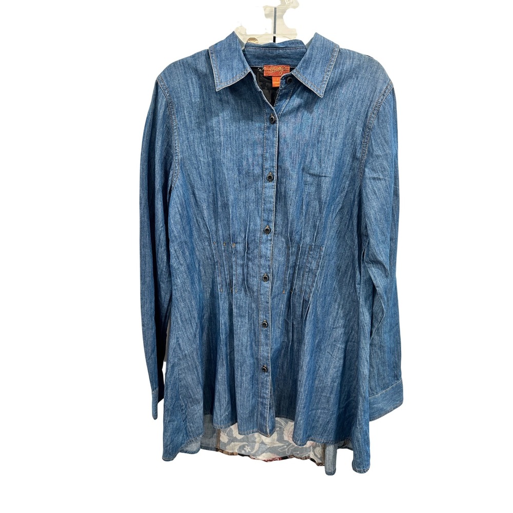 Scully Womens Denim Floral Lace Back‎ Button Down Shirt Blue Small Mixed Media